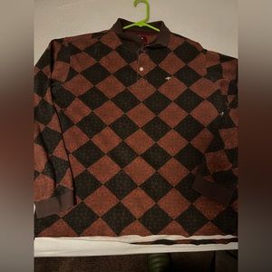 Vintage Skate Collared Black and Red Diagonal Checkerboard Pattern Long Sleeve